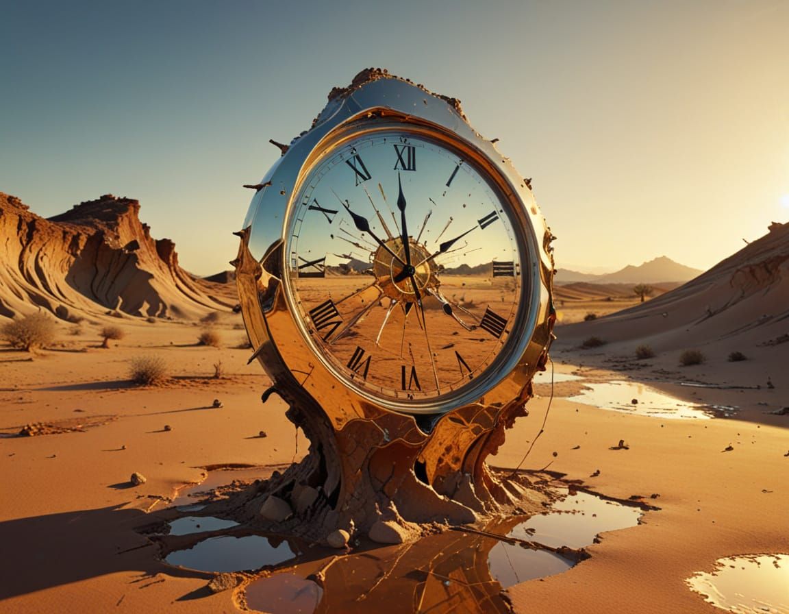 Surreal Desert Scene with Melting Clock in Golden Hour