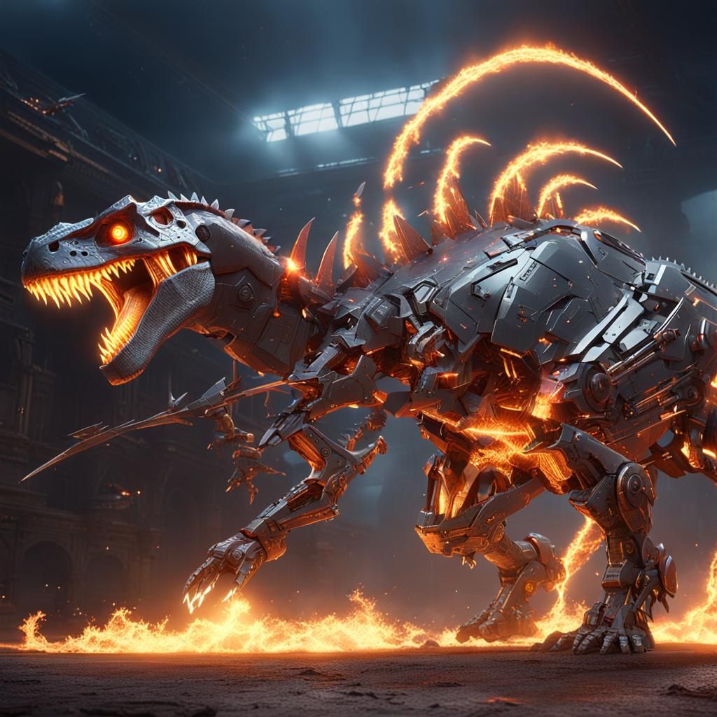 Mechanical Dinosaurs Clash in Futuristic Battle