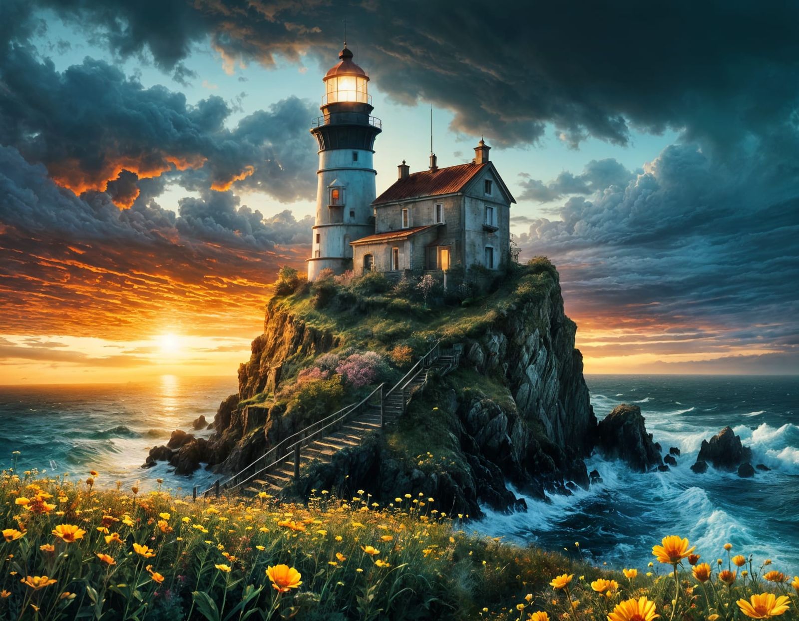 Detailed Lighthouse at Sunrise Over Stormy Sea