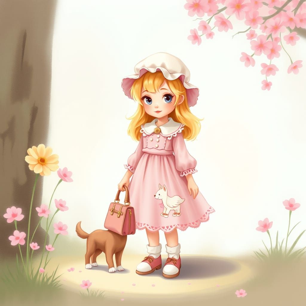 Adorable Girl in Pink Lace Dress with Dog, Poetic Style