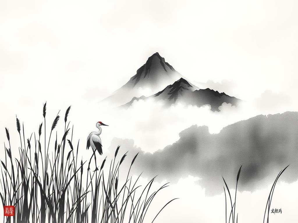 Monochrome Ink Wash Landscape with Crane