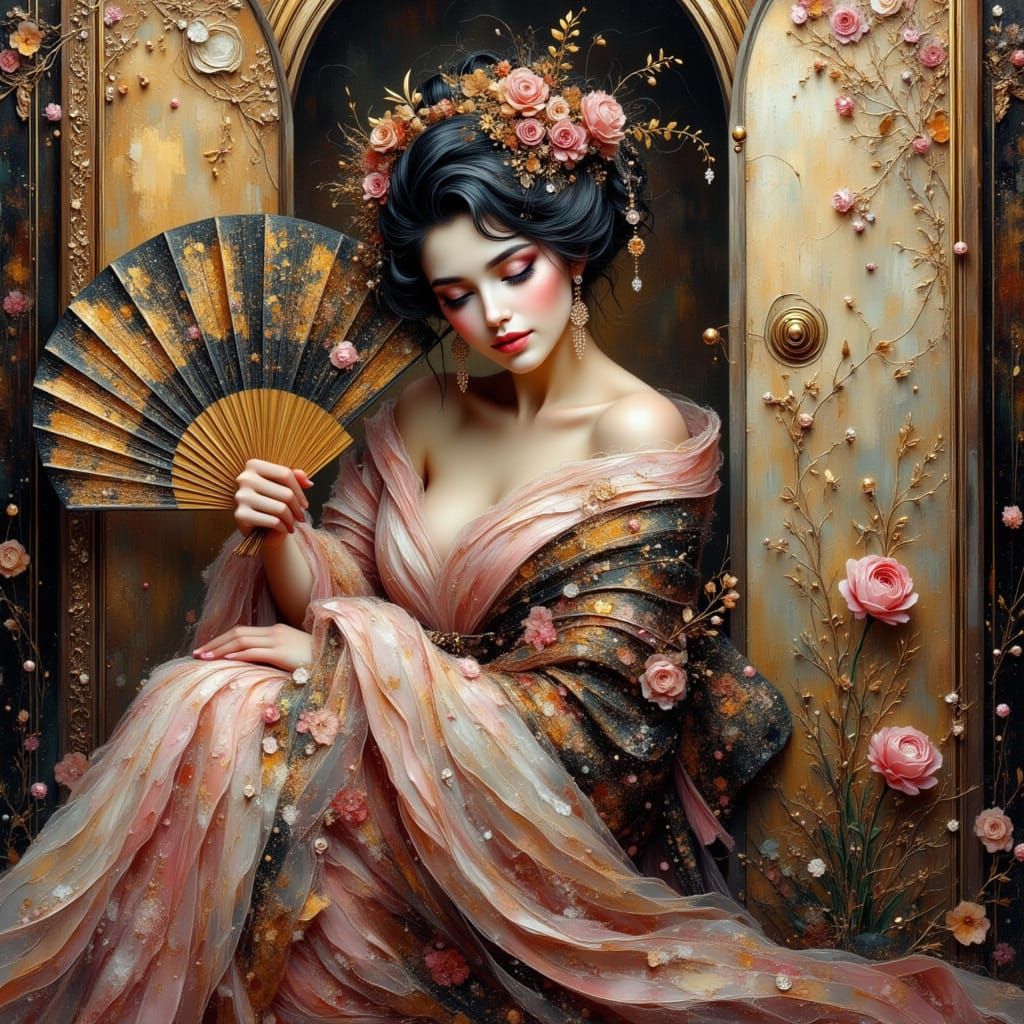 Elegant Geisha with Fan in Art Nouveau Style
