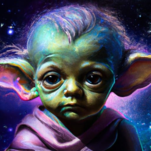 Chibi Baby Yoda Portrait in Galaxy, Detailed Art