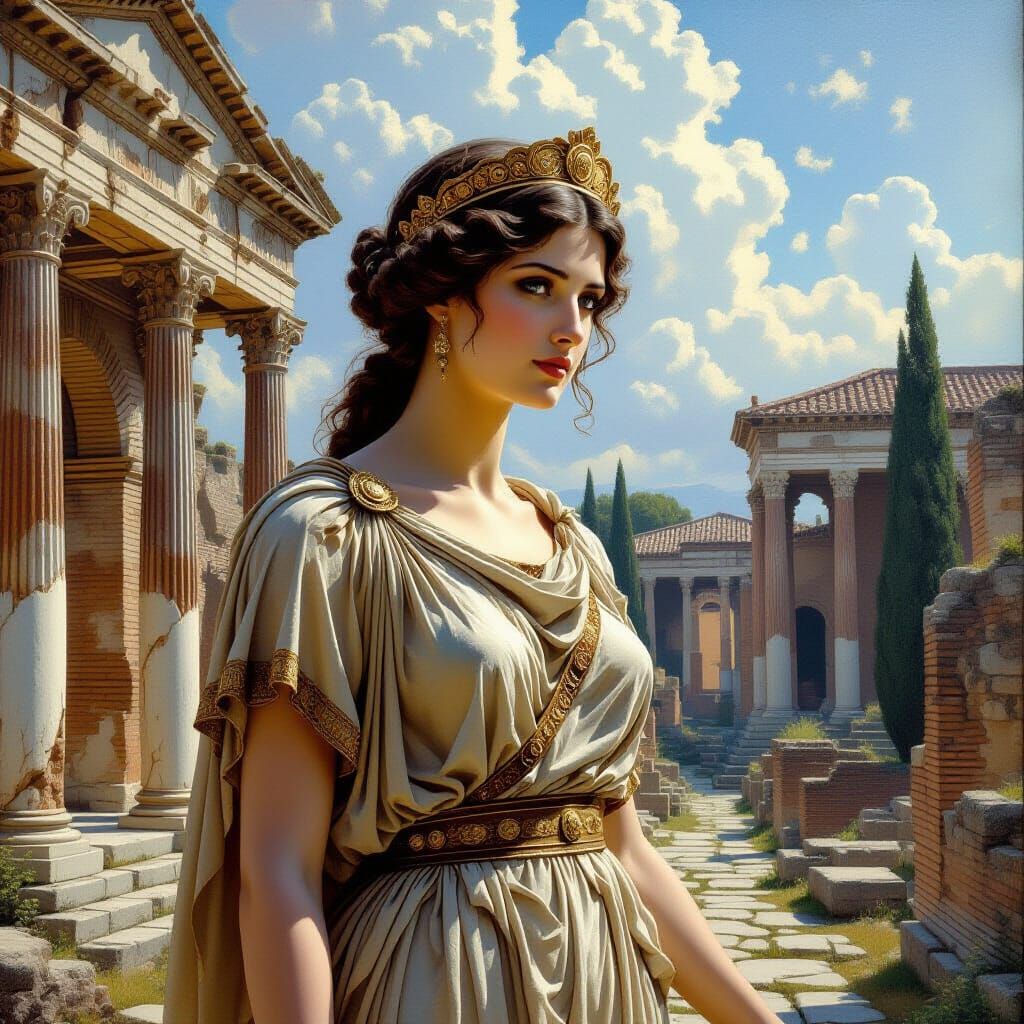 Roman Ruins Statue in Detailed Fantasy Oil Painting