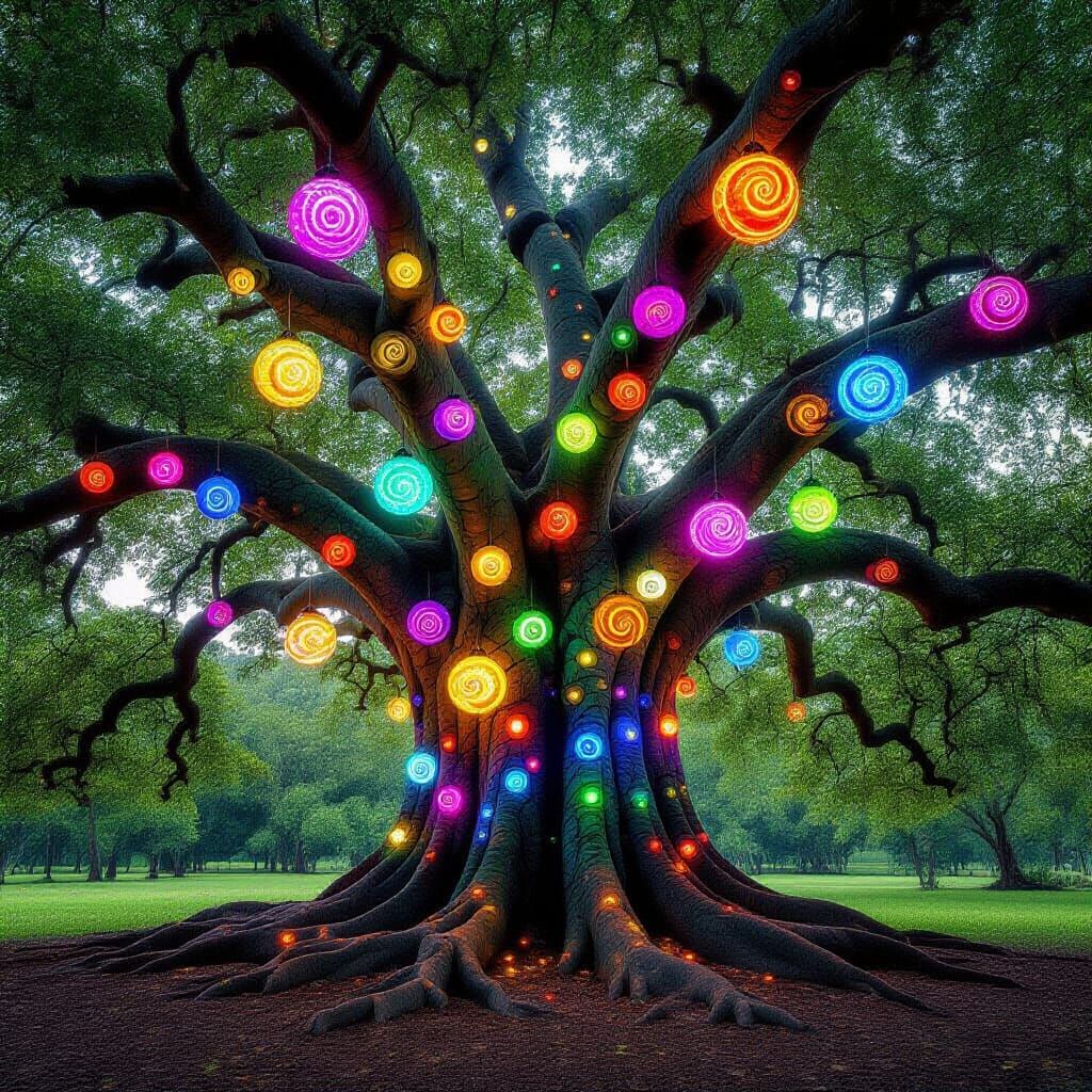 Magical Glowing Banyan Tree with Spiral Fruits