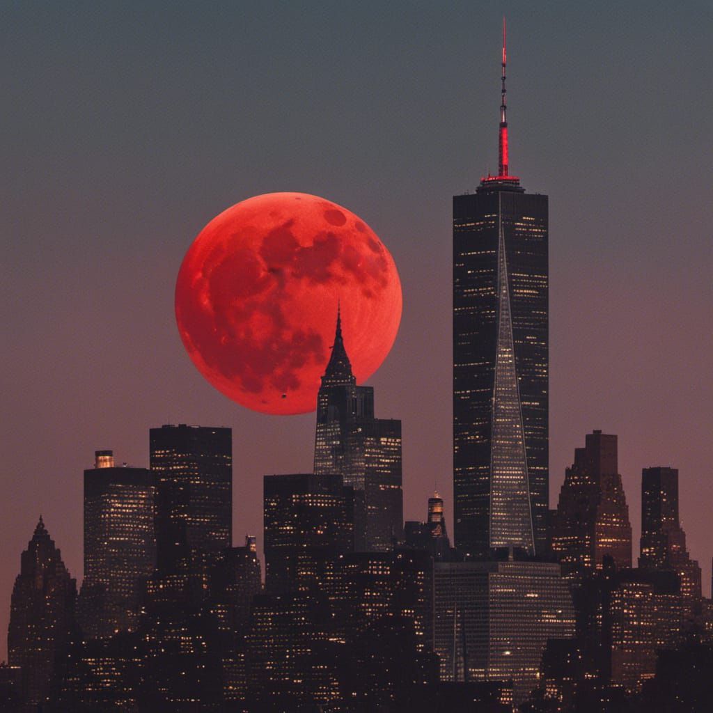 1980s New York City Skyline with Blood Moon