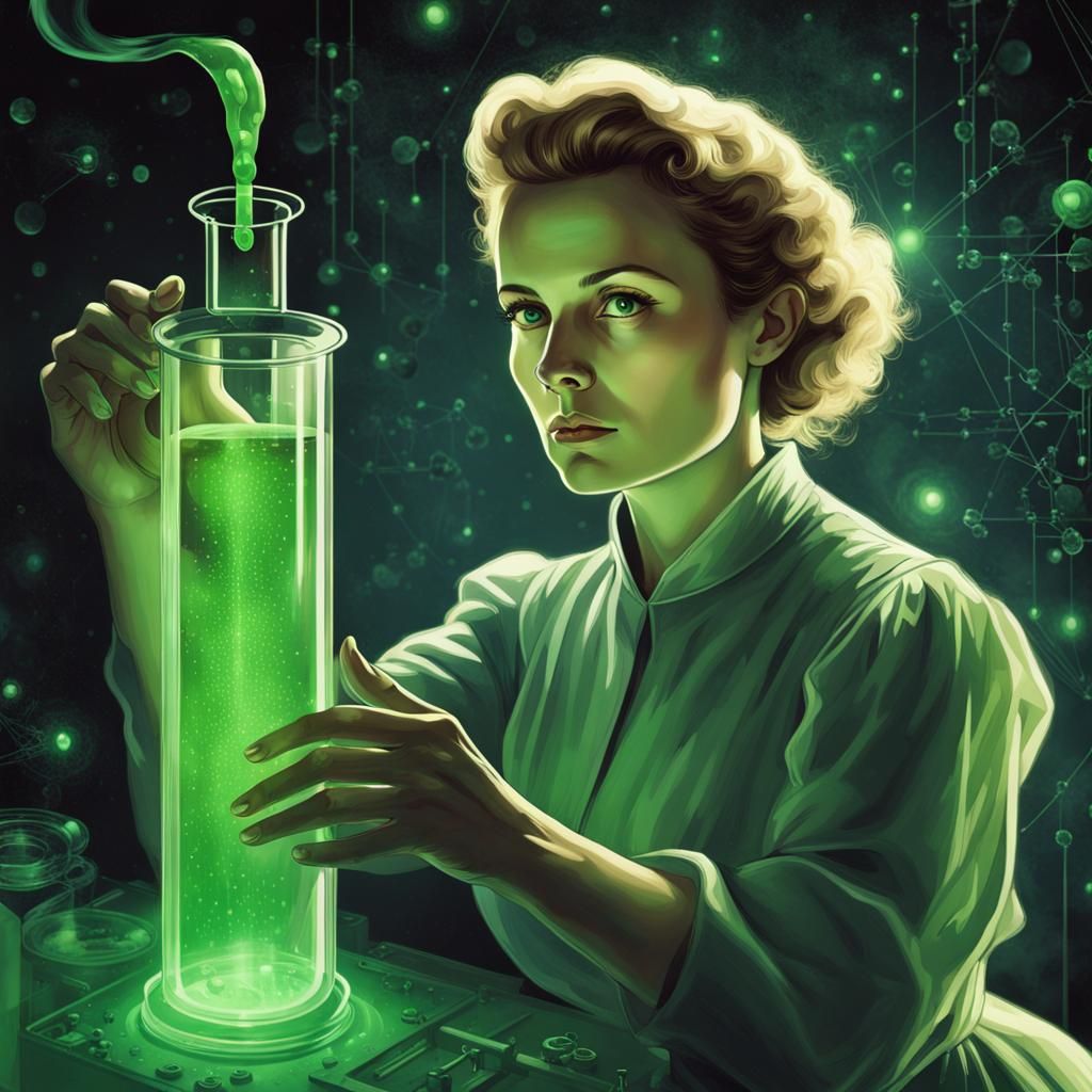 Intricate Woman Scientist with Luminous Green Fluid