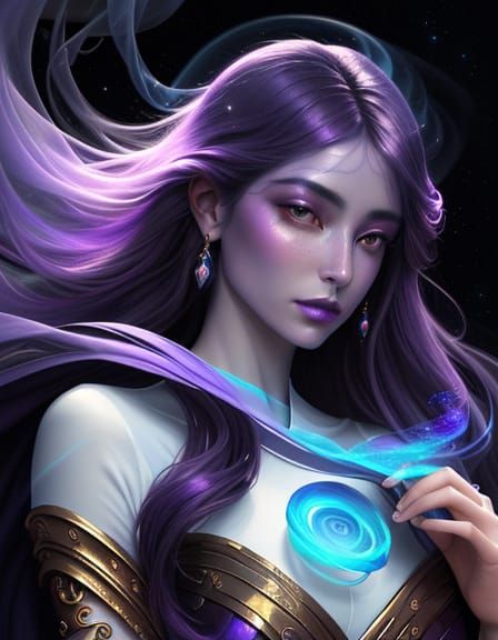 Surreal Queen Caresses Cosmic Smoke Vortex