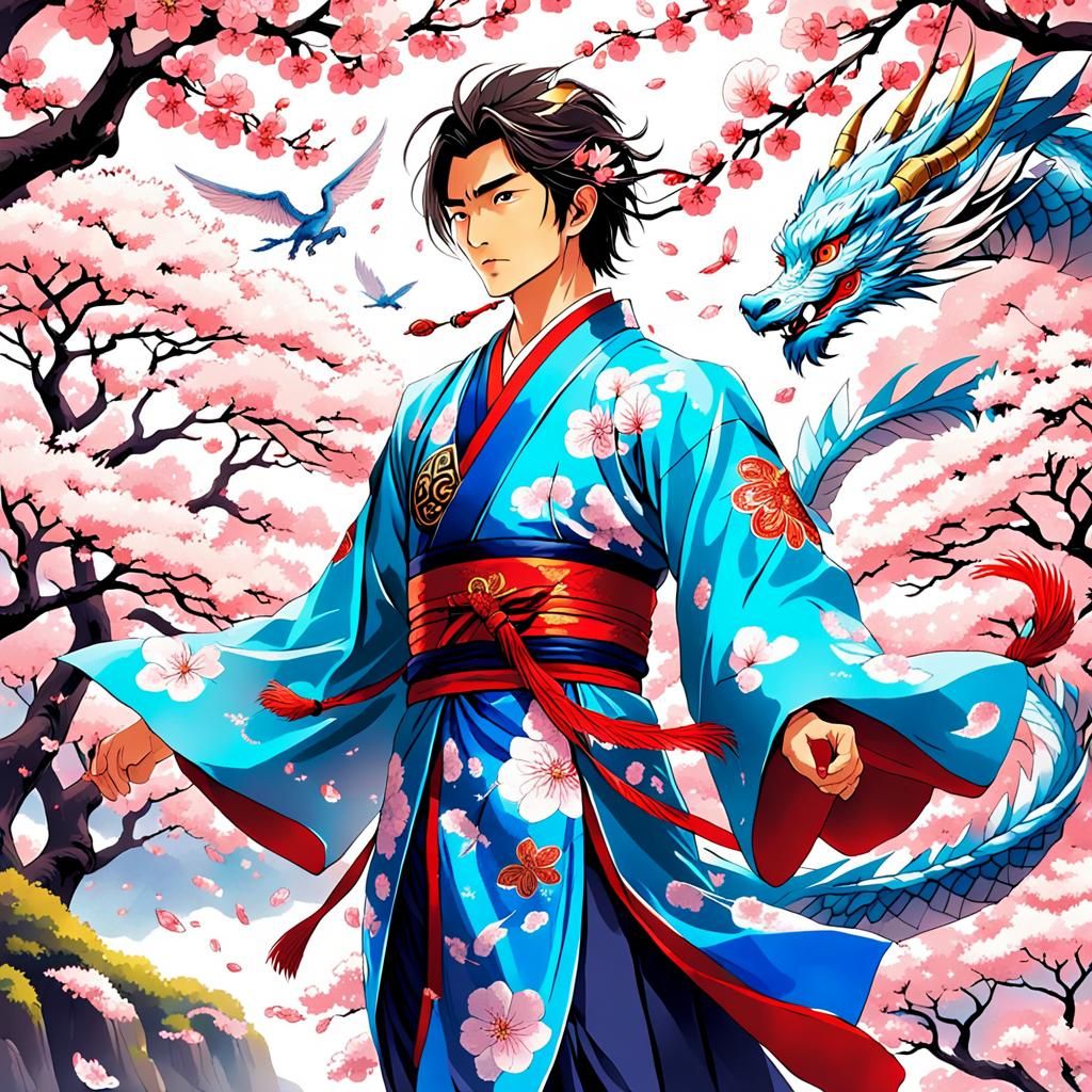 Illustrated Japanese Men in Cherry Blossom Realm