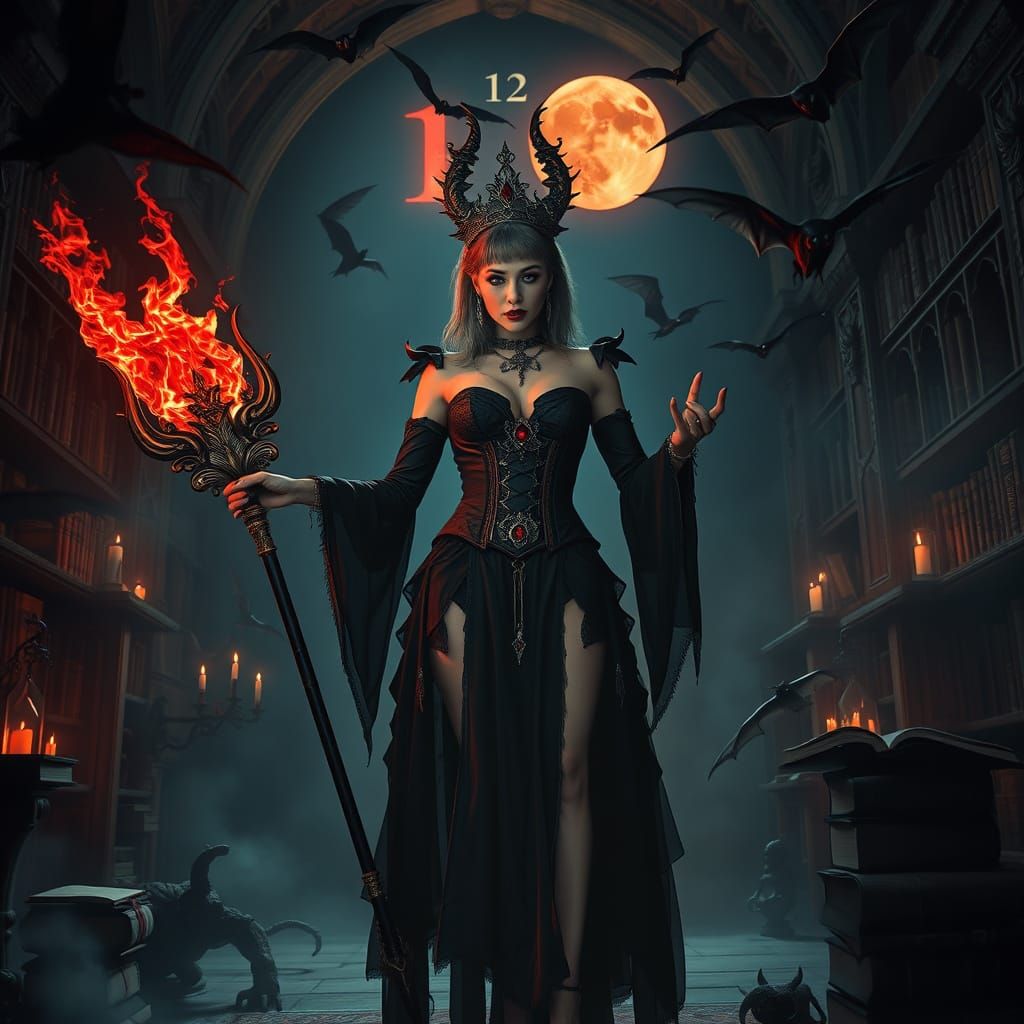 Vampire Sorceress in Gothic Library, Digital Art