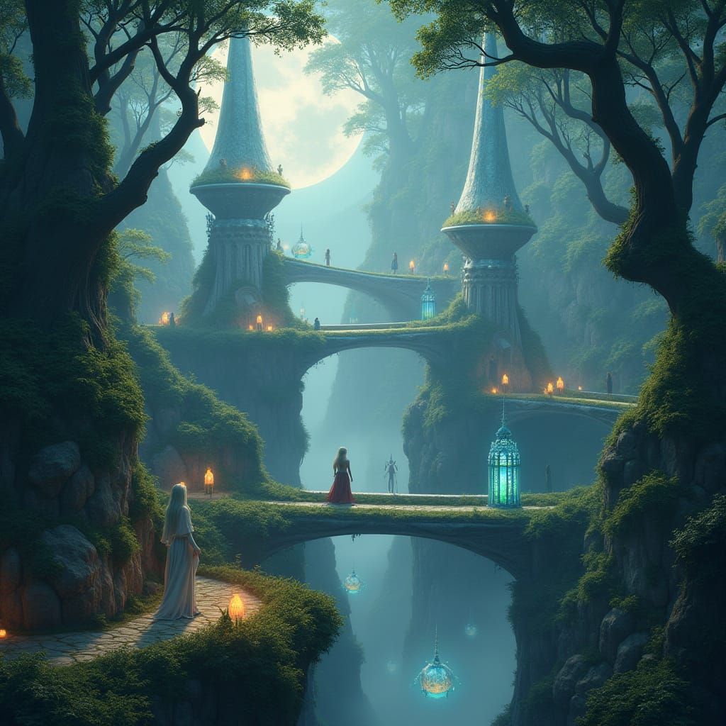 Moonlit Elven Cityscape in Vibrant Hues