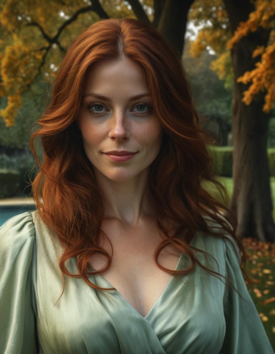 Renaissance Woman in Green Silk Dress, Oil Painting