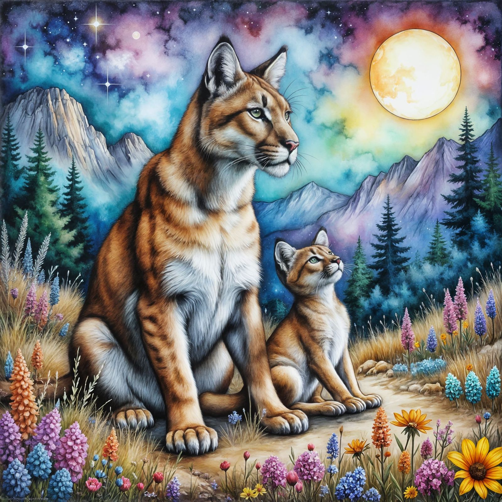 Mountain Lion Family in Charcoal and Watercolor