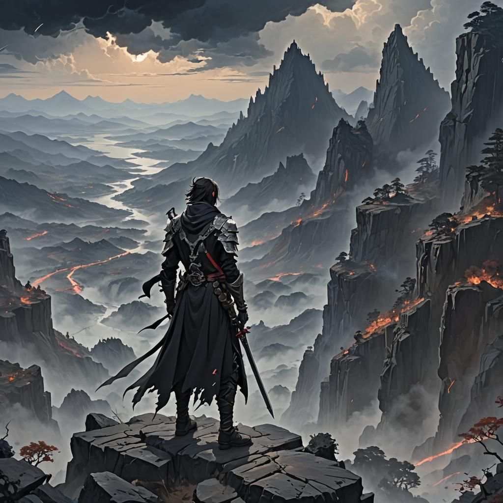 Dark Fantasy Warrior Gazing Over Apocalyptic Landscape