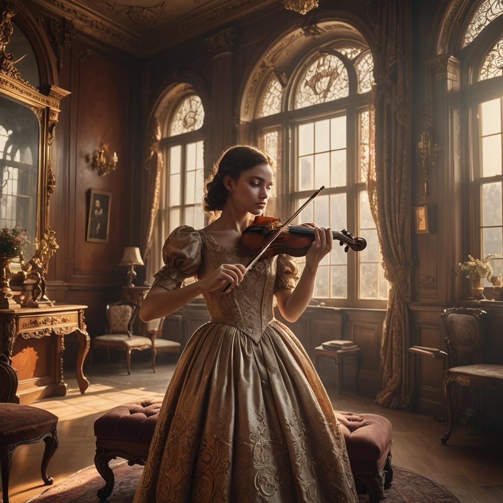 Victorian Girl with Violin: Cinematic Digital Art
