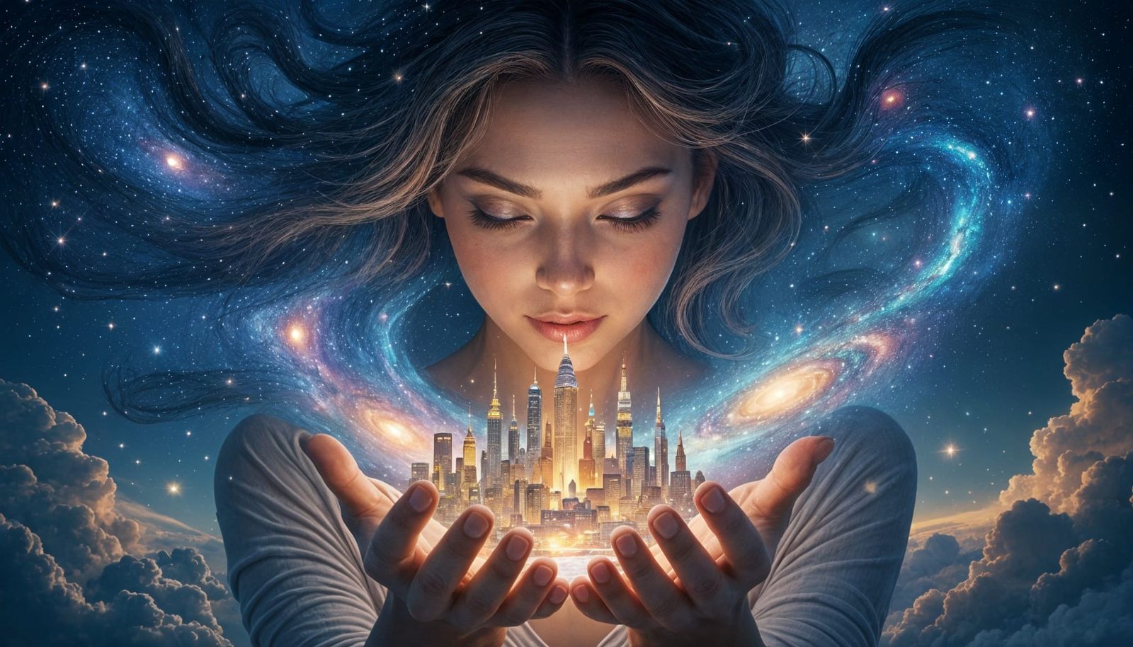 Cosmic Goddess Holds Tiny City in Stardust Hands