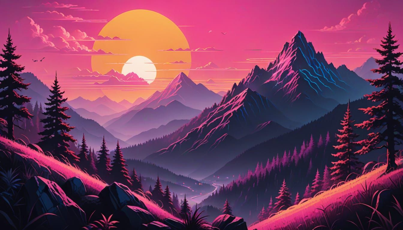 Synthwave Rabbit in Neon Sunset Mountains