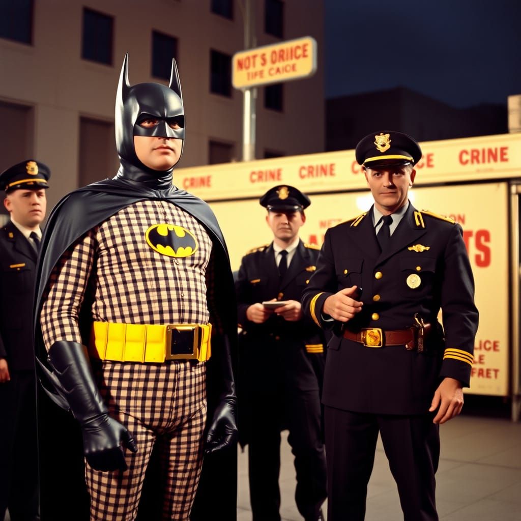 Batman in Gingham Print Batsuit at 1960s Crime Scene