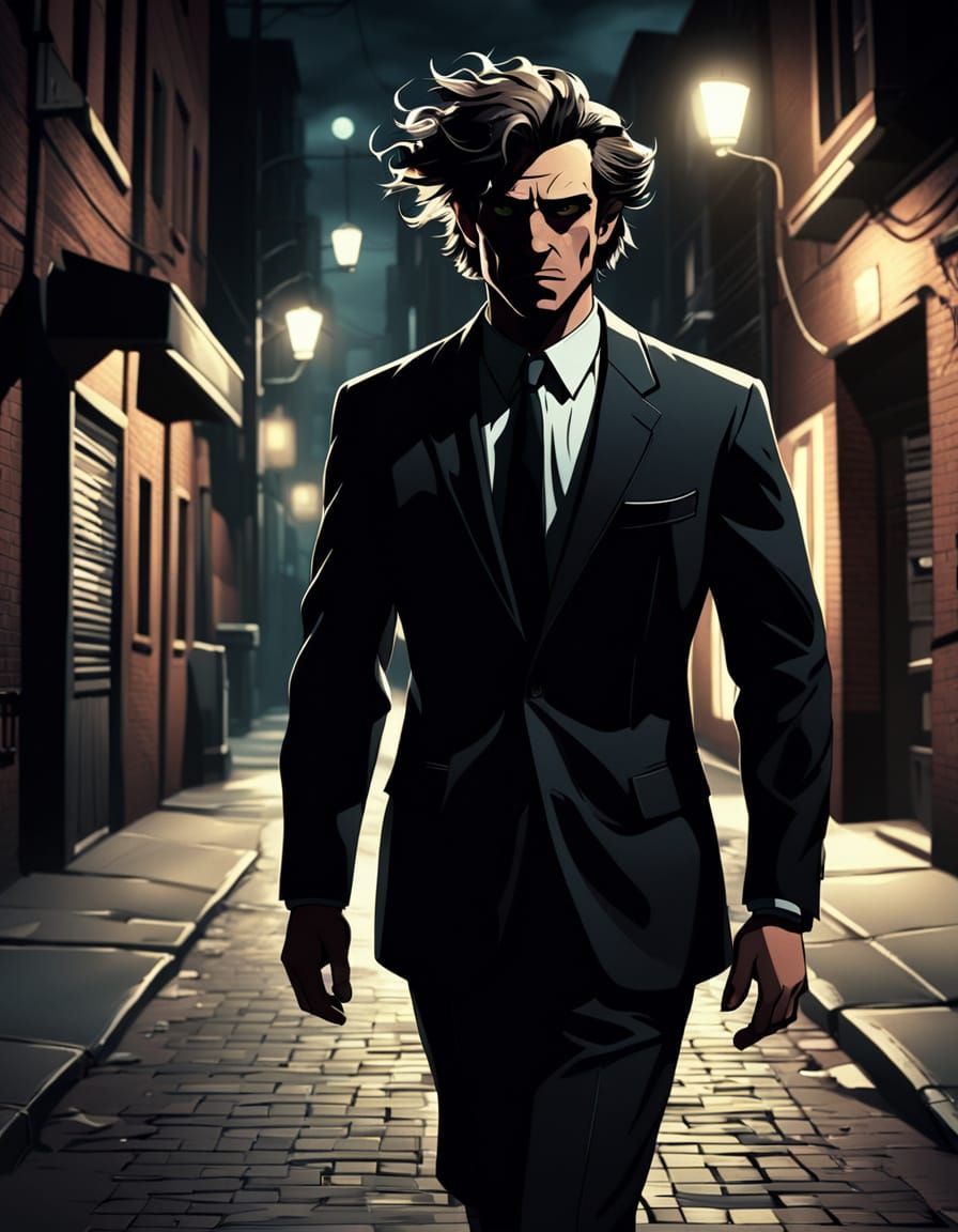 Film Noir Man Walking in Moody Night Alleyway