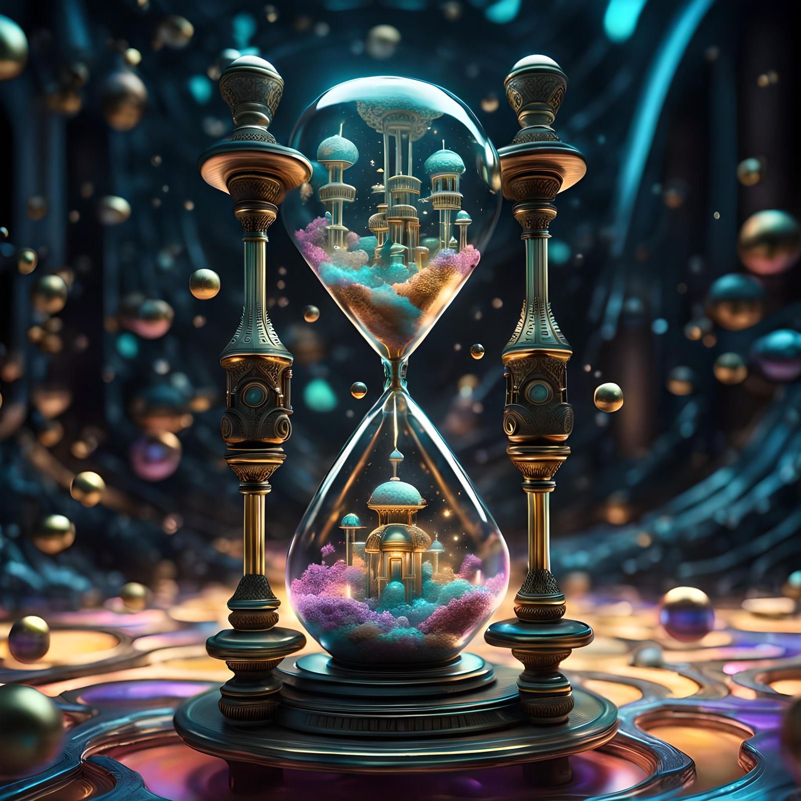 Ornate futuristic science fiction hourglass, very beautiful intricate, transparent, glass, art deco, 8k resolution, deat...