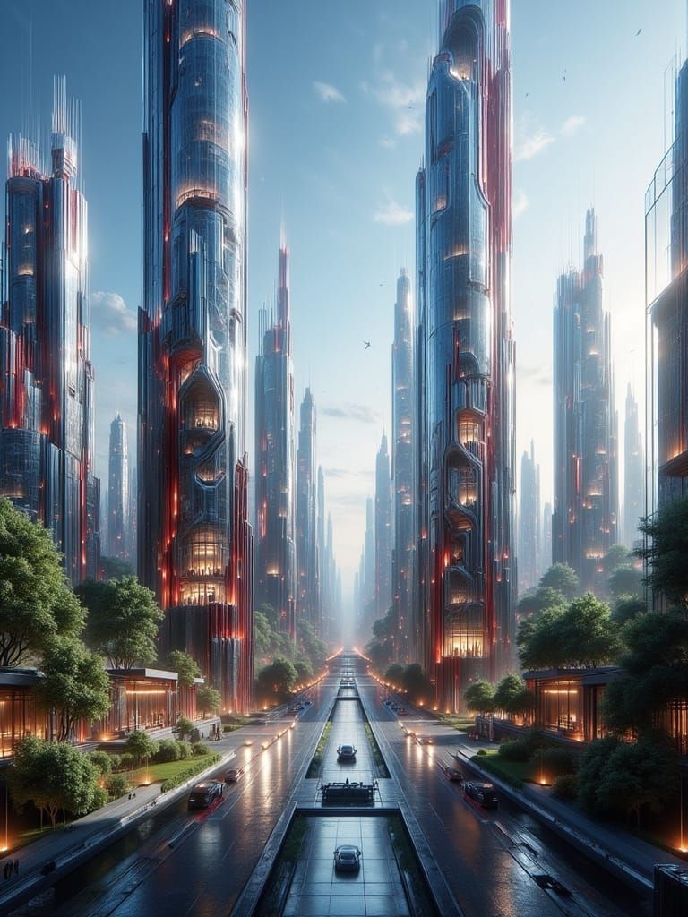 Futuristic Petal Skyscrapers with Red Frames in Sunny Sky
