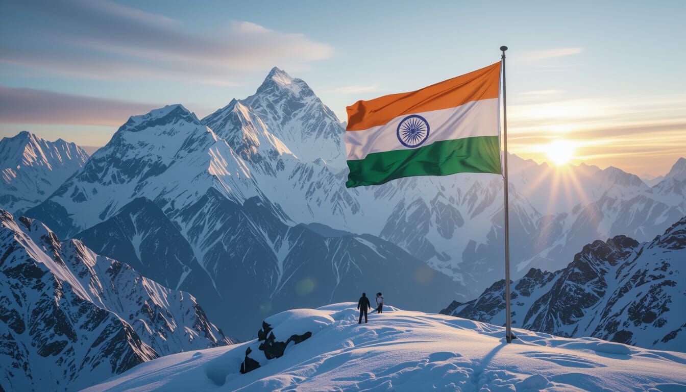Himalayan Sunrise with Indian Flag: Epic Cinematic Scene