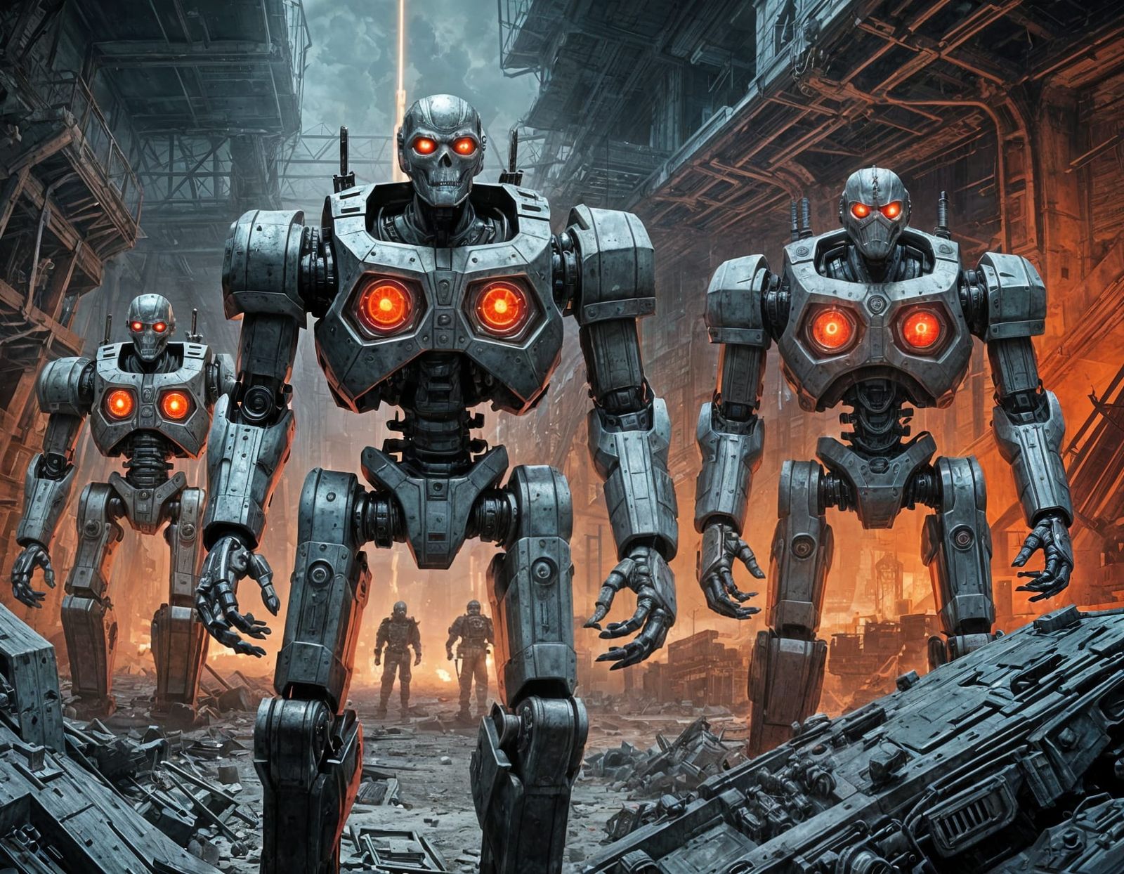 Terminator Robots Attack Bunker in Retrowave Style