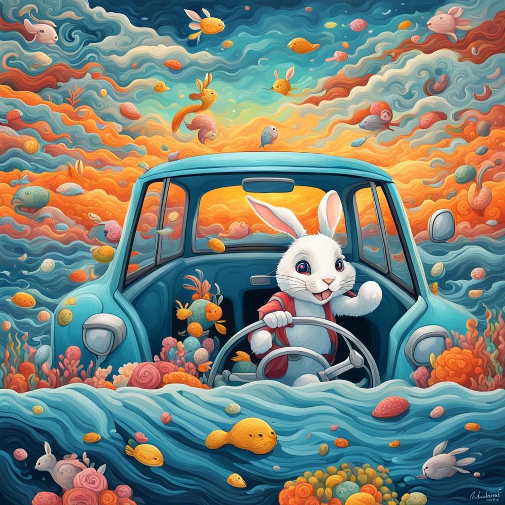 Cartoon Bunny Drives Car in Ocean Storm