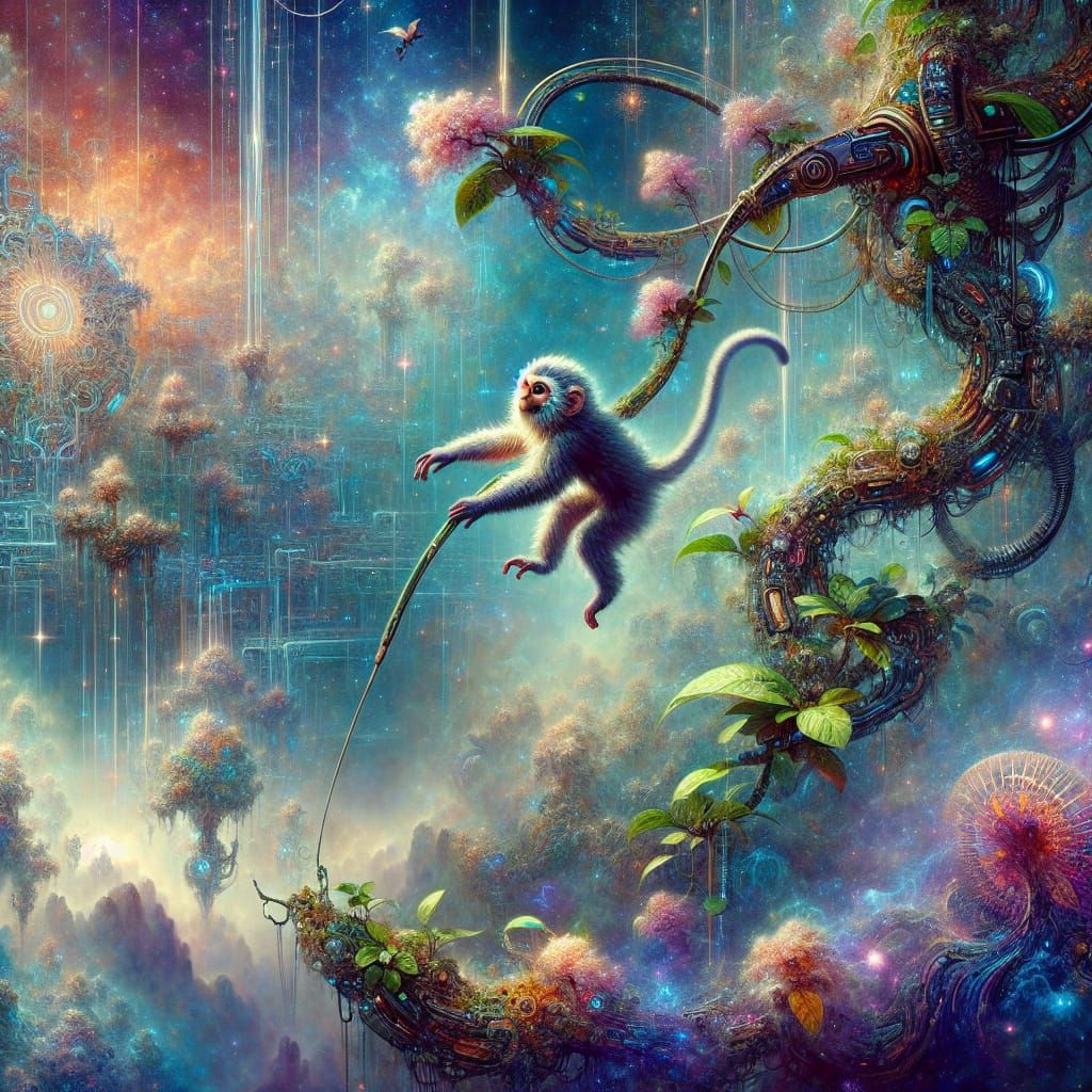 Monkey Swinging in Cybernetic Jungle Landscape