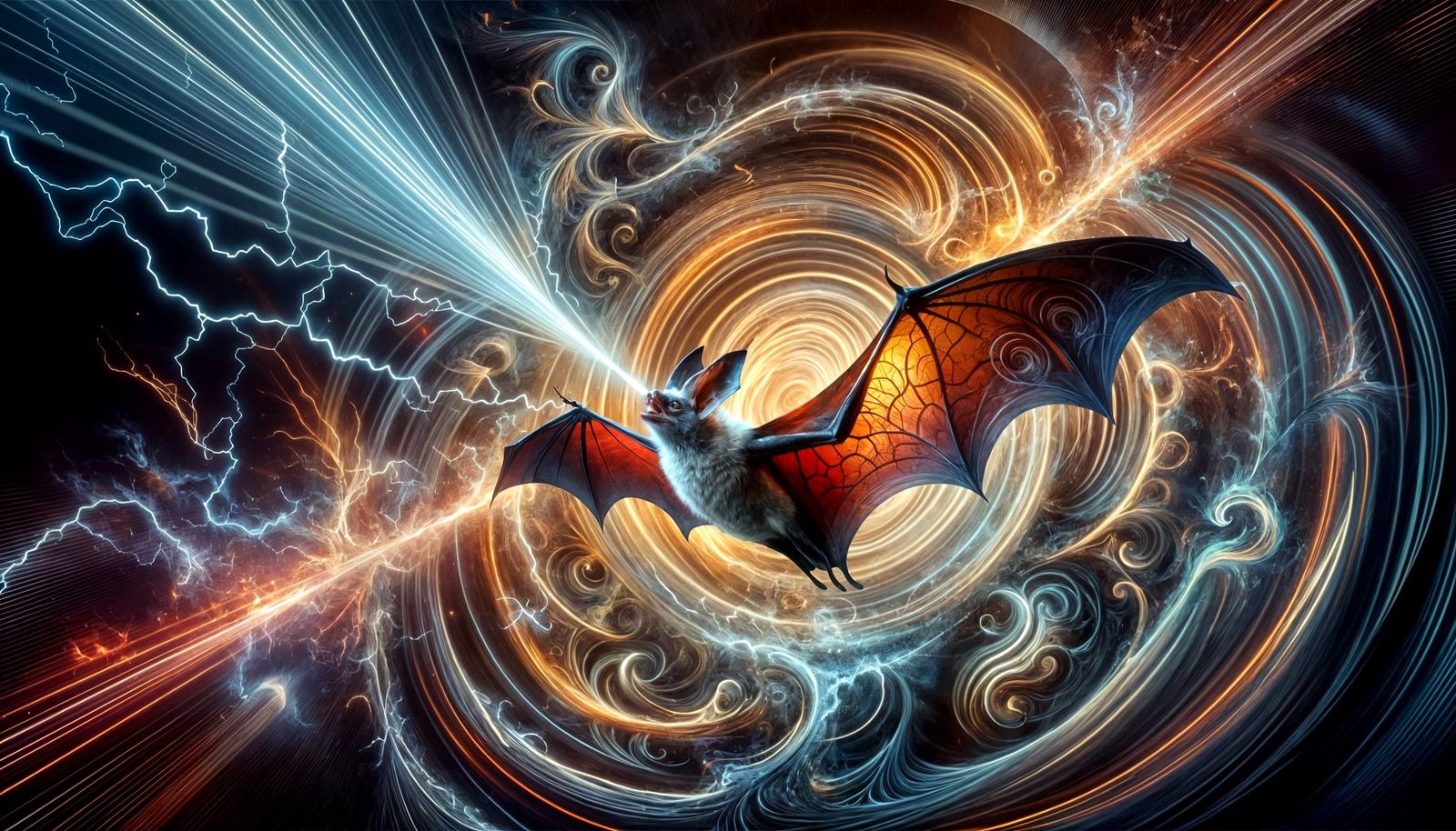 Realistic Bat Emitting Sound Waves in Surreal Scene