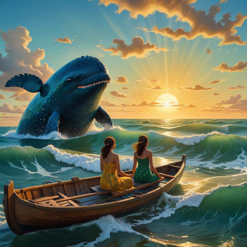 Vibrant Whale Breach at Sunset, Neo-Primitivist Masterpiece