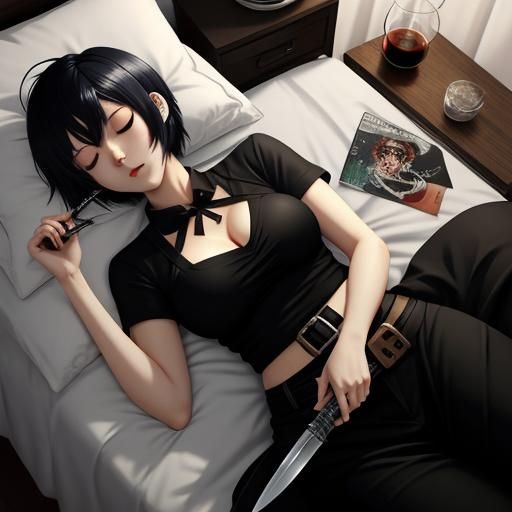 Anime Girl Sleeping with Knife at Night