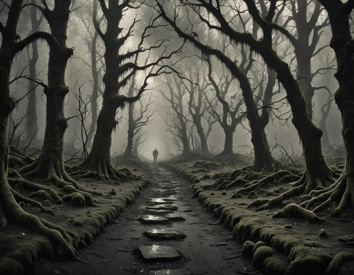 Desolate Forest Trail in Noir Dark Fantasy