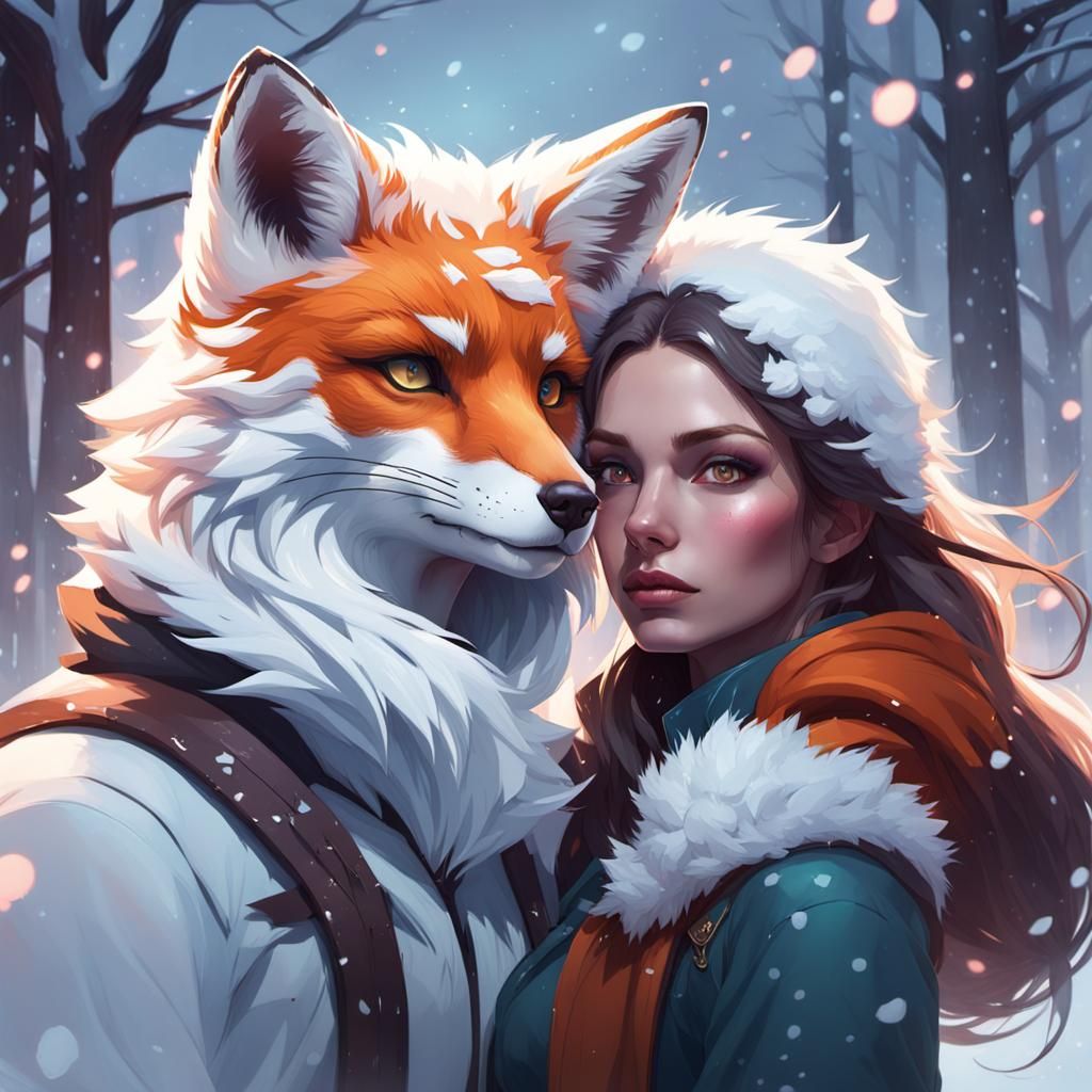 Snow Fox and Girl Portrait in Art Nouveau Style