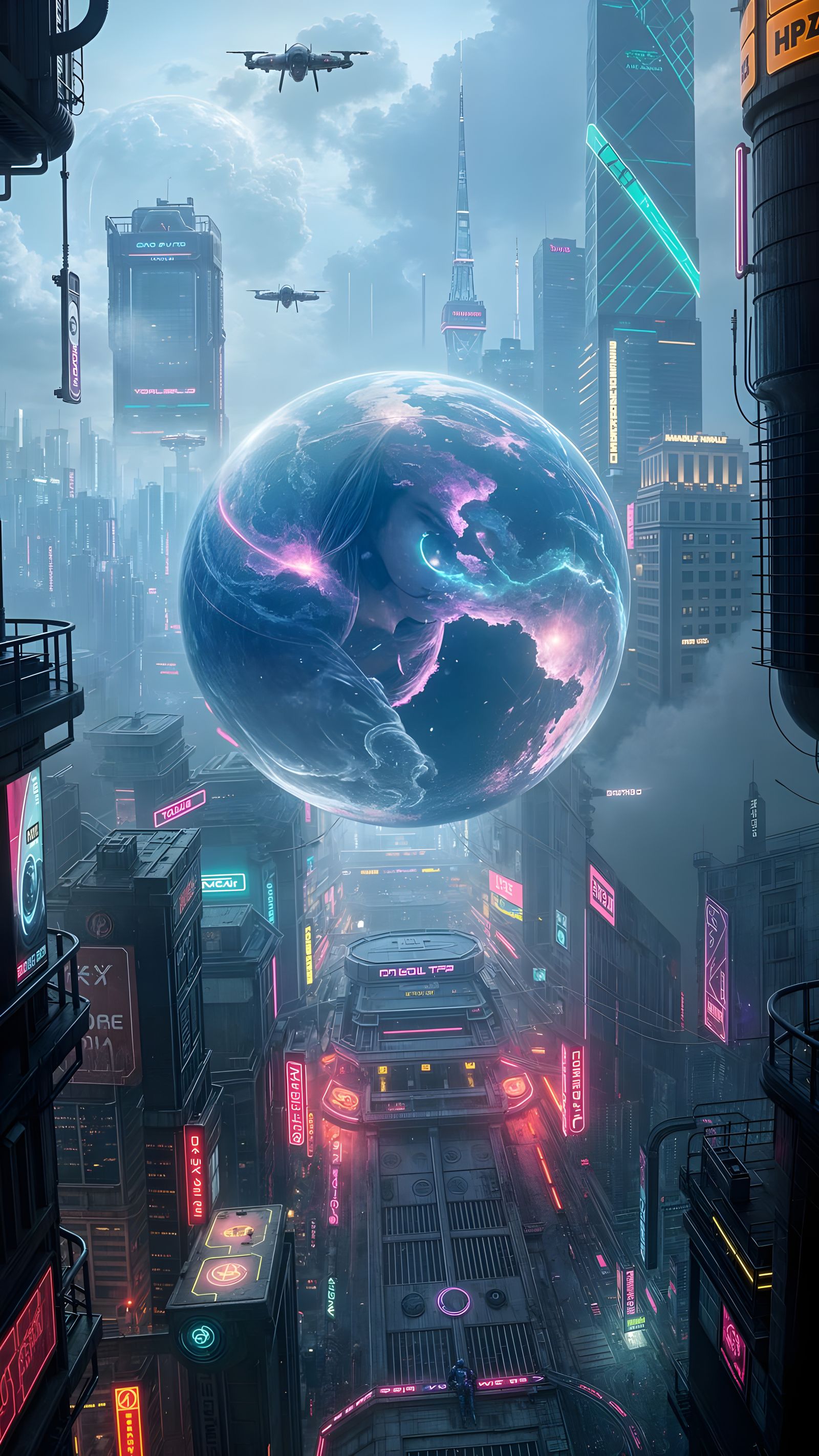 Cyberpunk Ball of Light in a Neon Cityscape