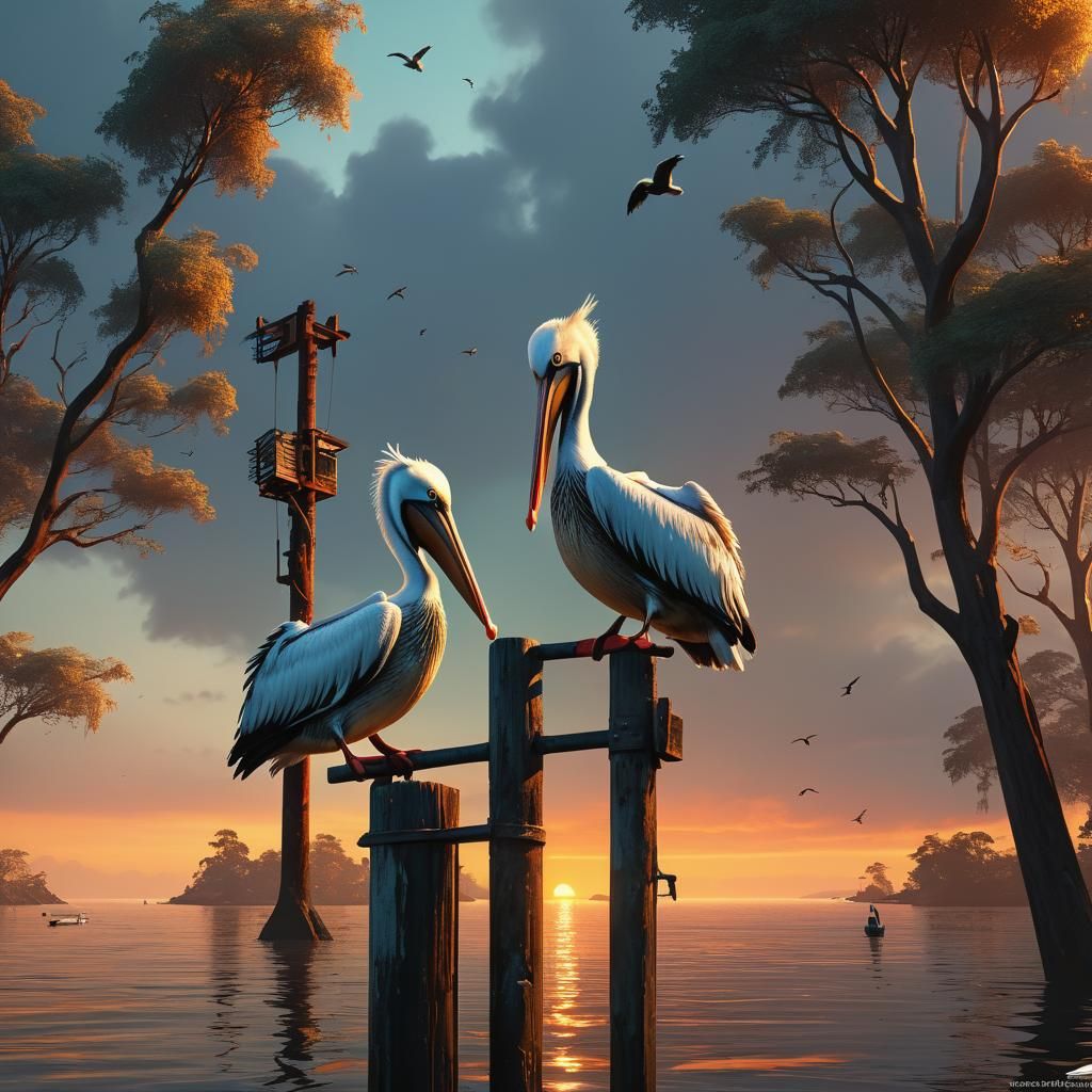 Pelican and Seagulls at Sunset: Abstract Art