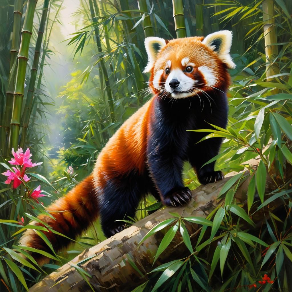 Surreal Asian Landscape with Red Panda Amidst Bamboo and Rho...