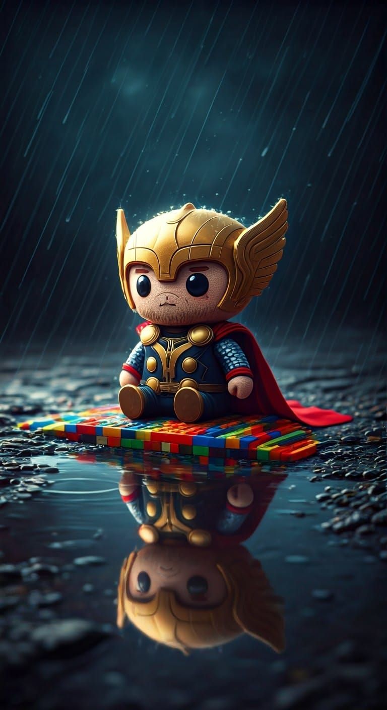 Plush Thor on Lego Boat in Rain