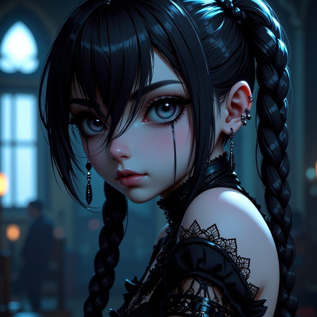 Hyperrealistic Anime Girl in Gothic Attire