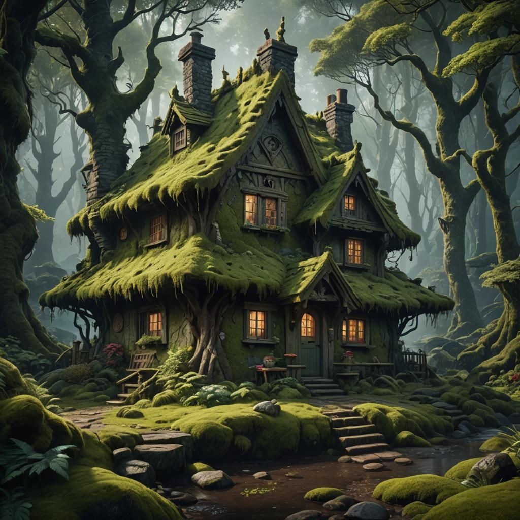 Cottage in Dark Forest: Detailed Matte Painting
