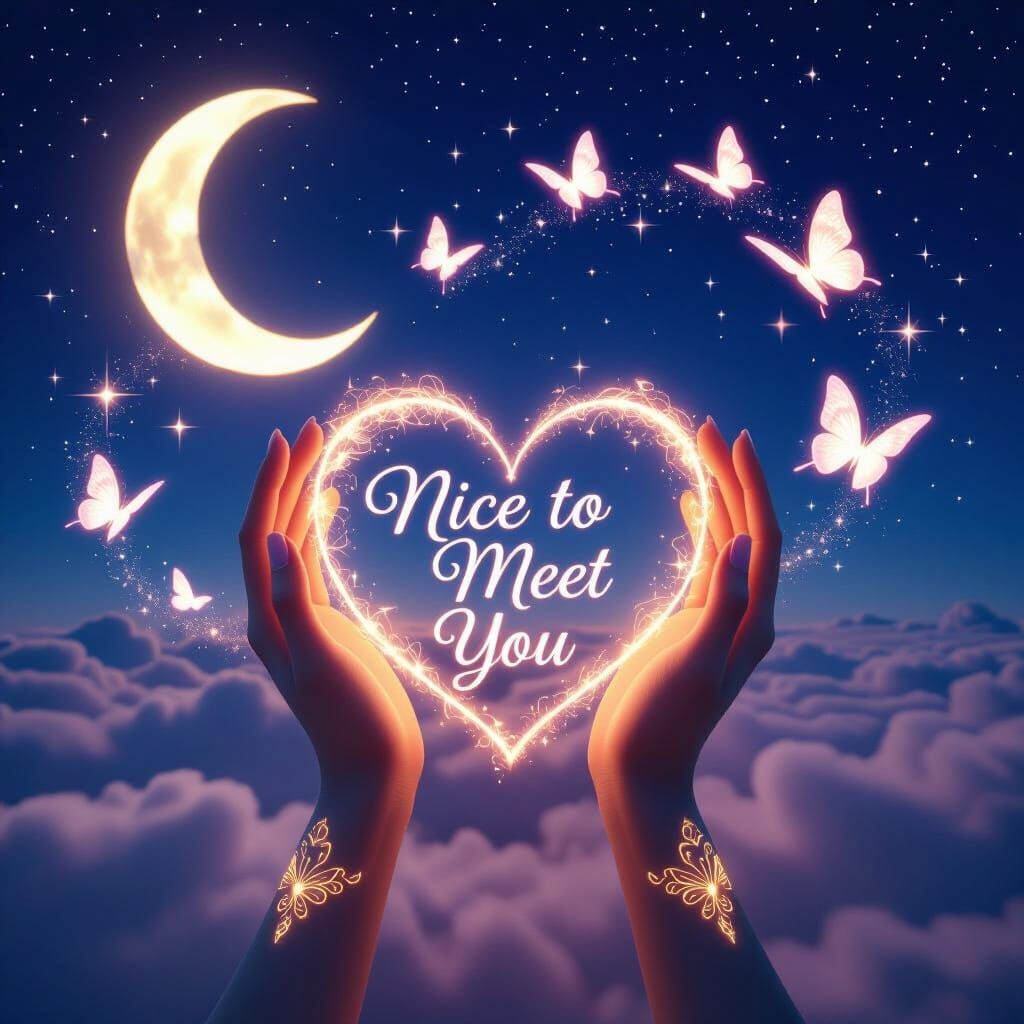 Magical Night Sky with Glowing Butterflies and Heart Hands