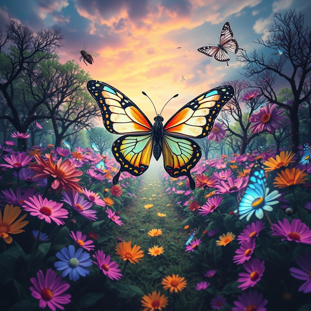 A confused butterfly flutters through a surreal garden where...