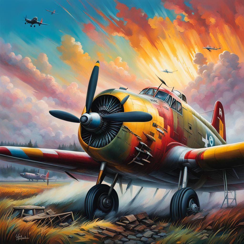 World War Two Bomber Crash in Street Art Style