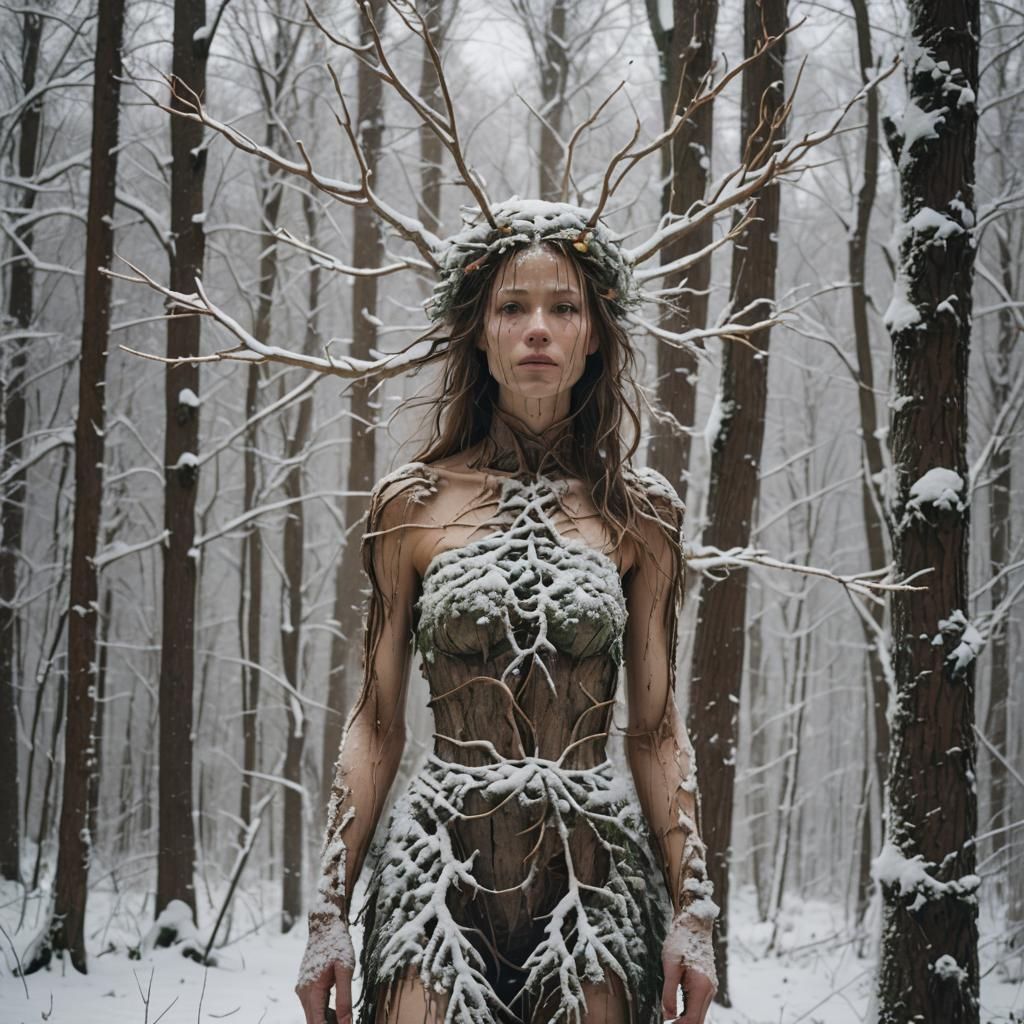 Wooden Woman Tree in Winter Forest