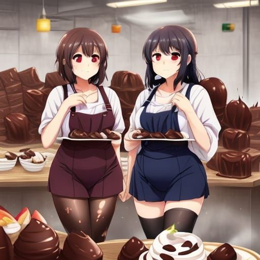 Anime Girls Enjoying Chocolate in a Factory
