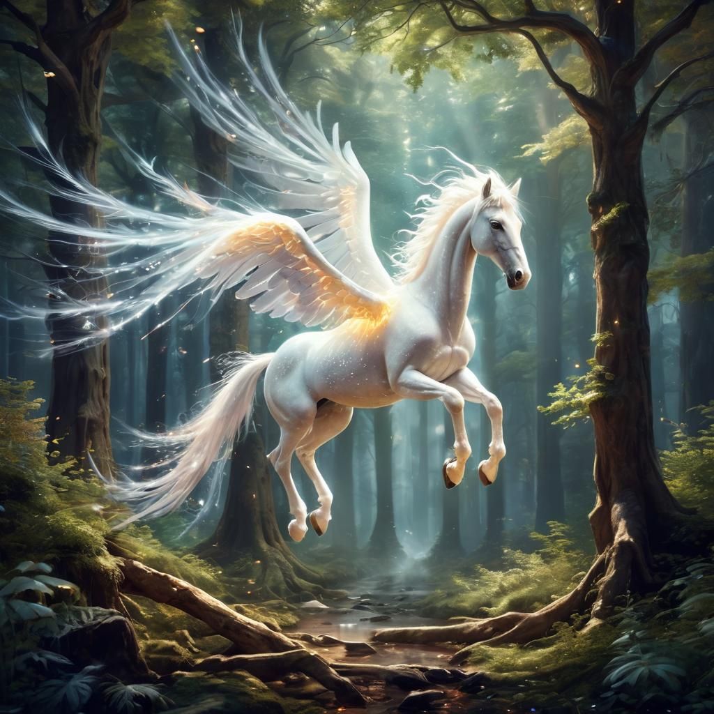 Radiant Pegasus Flies Over Enchanted Forest, Anime Style