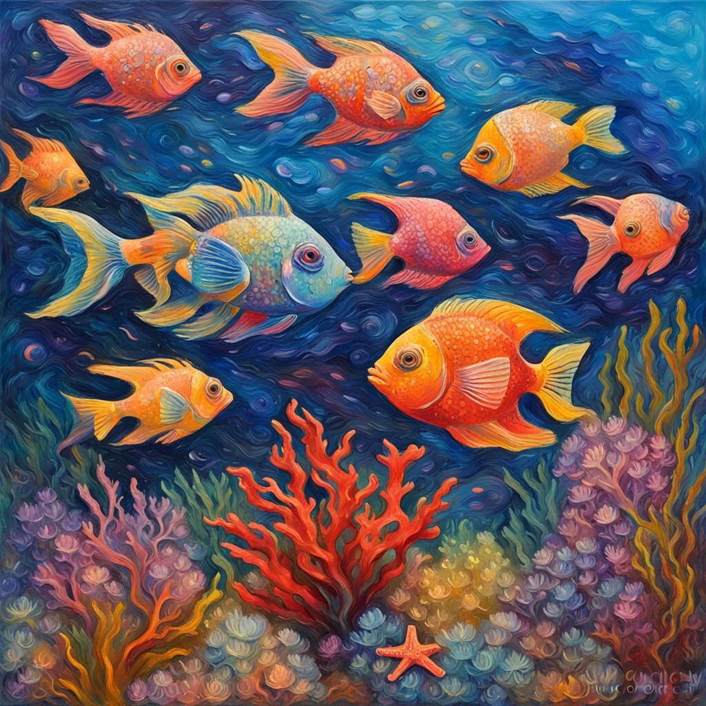 Rainbow Fish in Coral Reef: Impasto Gouache Painting