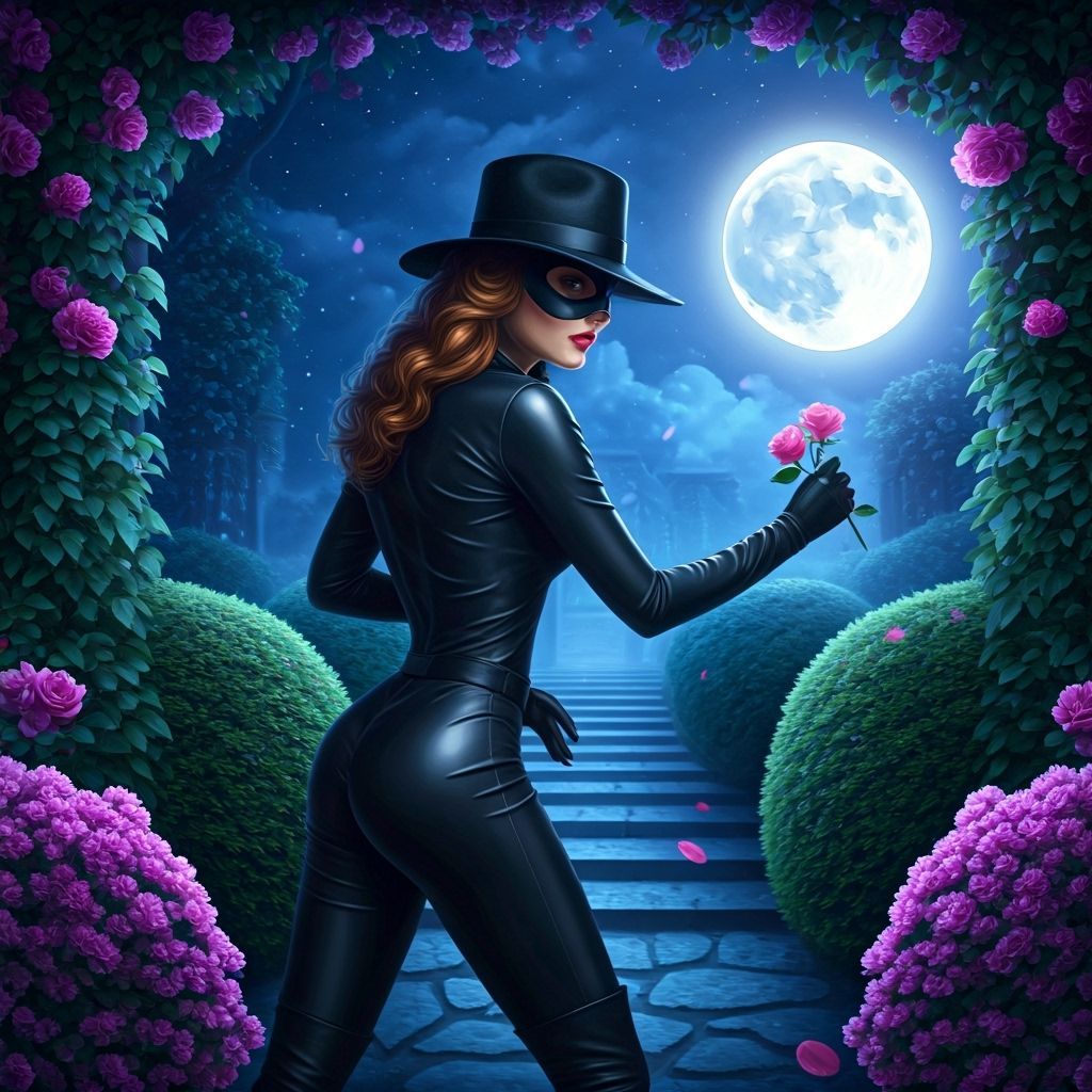 Mysterious Burglar in Moonlit Garden with Rose