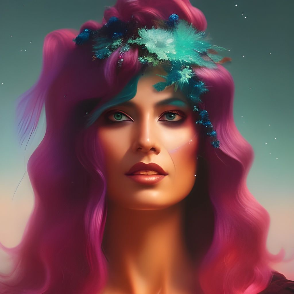 Cosmic Lady with Flowing Hair in Golden Hour