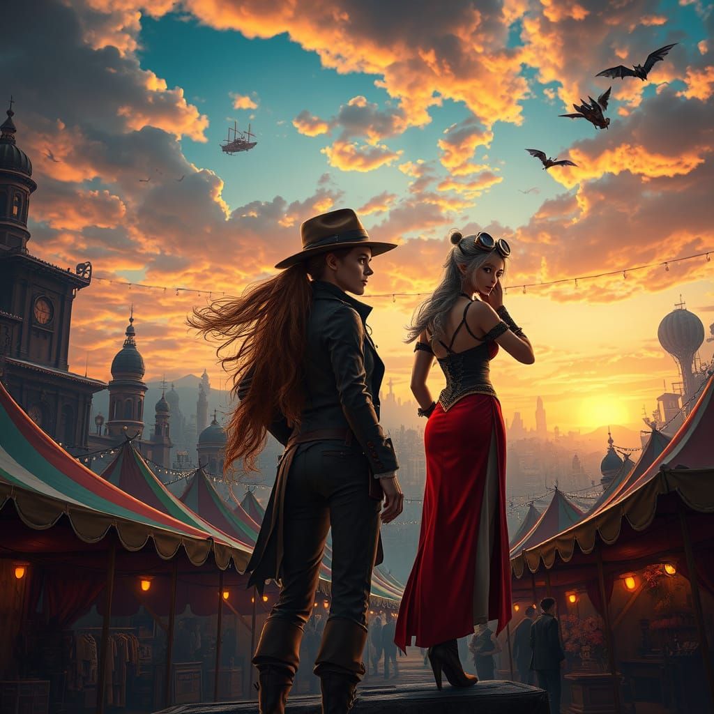 Steampunk Cityscape with Adventurer's Oasis and Whimsical Fa...